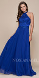 Royal Blue High Neck Embroidered Long Prom Dress Cut Out Back 