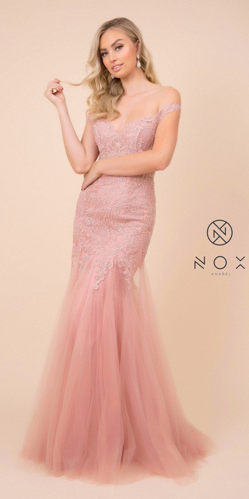 Appliqued Rose Off-Shoulder Mermaid Long Prom Dress