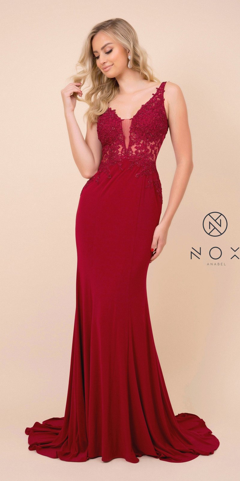 Burgundy Appliqued Fit and Flare Long Prom Dress