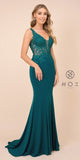 Green Appliqued Fit and Flare Long Prom Dress