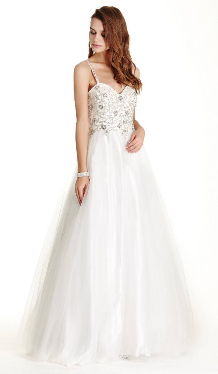 Beaded Bodice A-line Ball Gown with Spaghetti Straps Off White