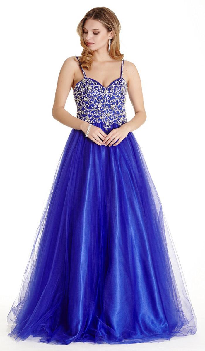 Beaded Bodice A-line Ball Gown with Spaghetti Straps Royal Blue