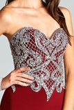 Aspeed USA L1887 Burgundy Rhinestone Embellished Strapless Prom Gown with Train