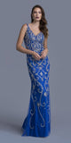 Rhinestone Embellished Evening Gown V-Neck Royal Blue