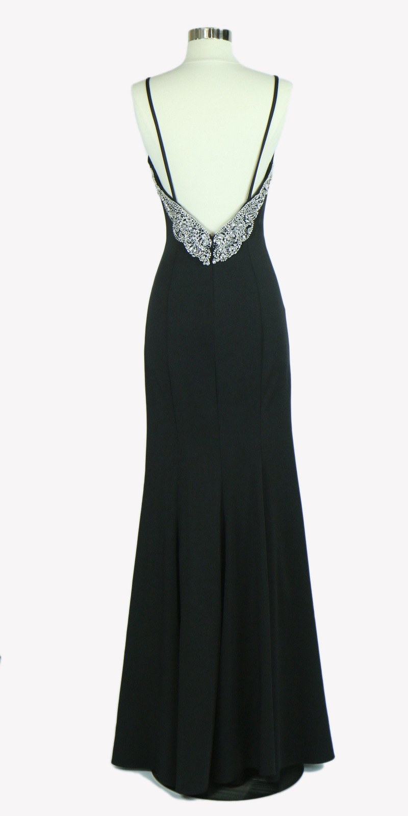 Black Open Embellished Back Long Formal Dress with V-Neck