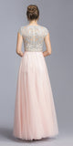 Blush Beaded A-line Long Formal Dress with Cap Sleeves