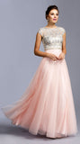 Blush Beaded A-line Long Formal Dress with Cap Sleeves