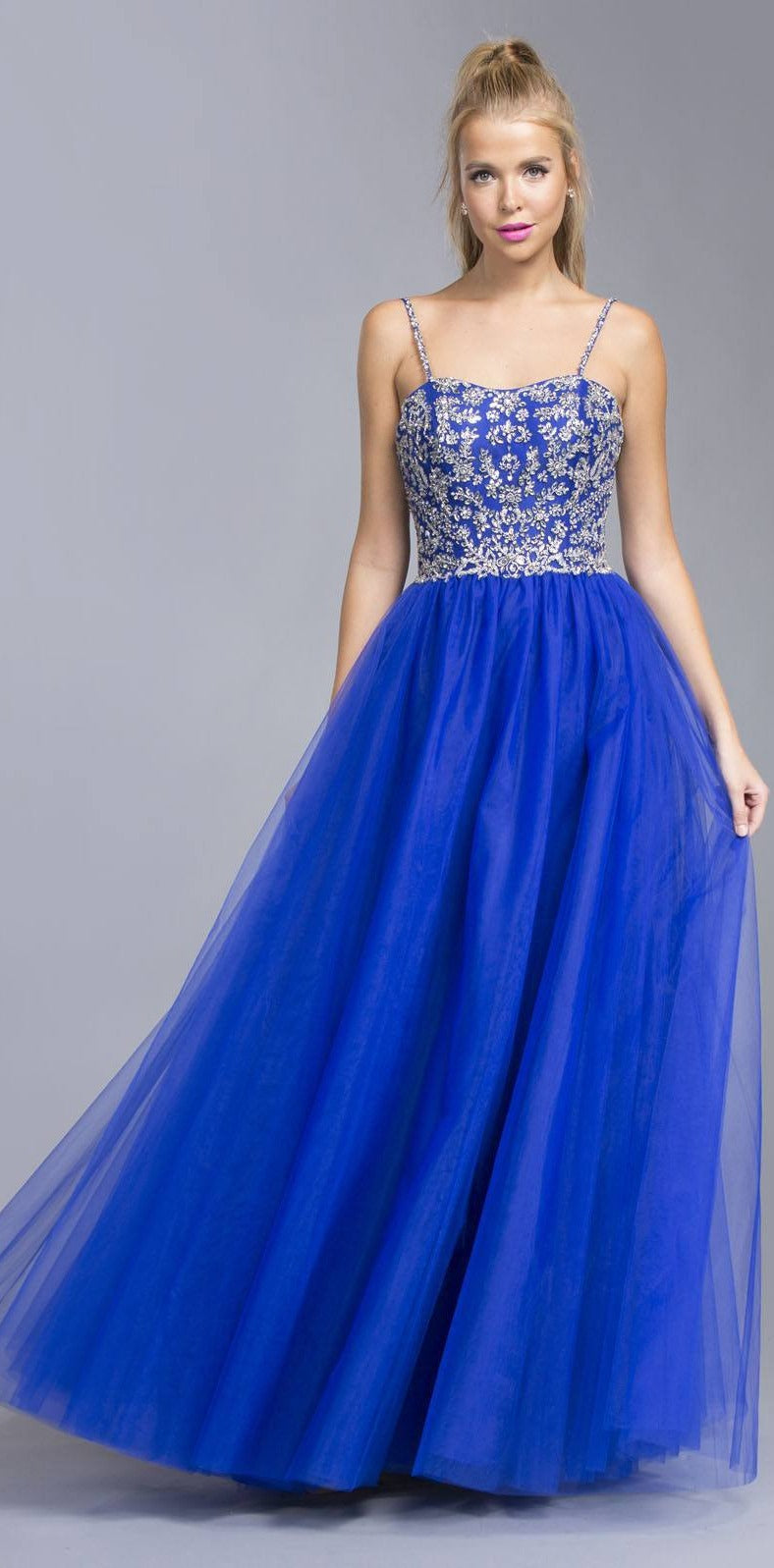 Royal Blue Beaded Tulle Prom Gown with Spaghetti Straps