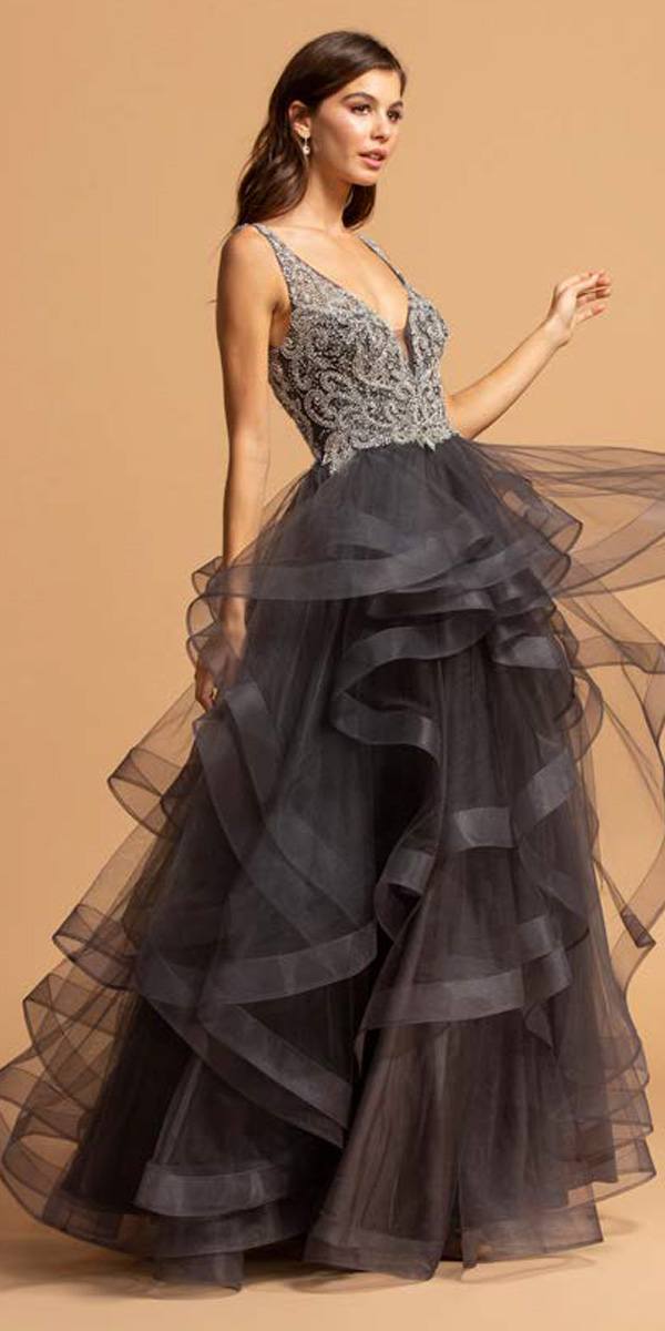 L1973 Charcoal V-Neck Tiered Long Prom Dress Beaded Bodice