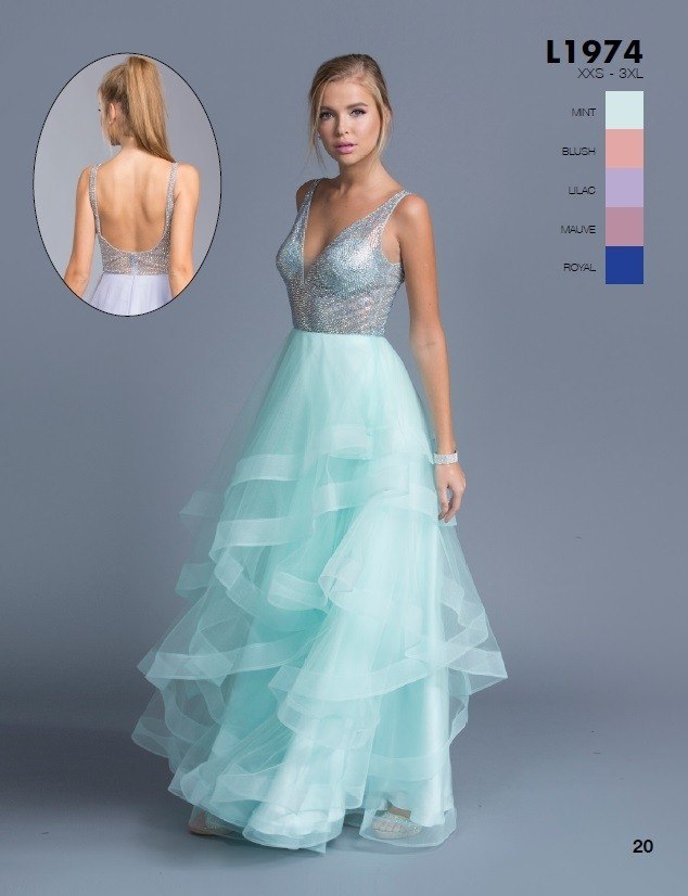 Aspeed L1974 Mint Tiered Long Prom Dress with Plunging V-Neckline