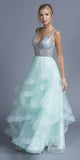 Mint Tiered Long Prom Dress with Plunging V-Neckline