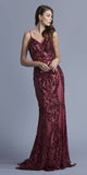 Sequins Evening Gown V-Neck with Spaghetti Straps Burgundy