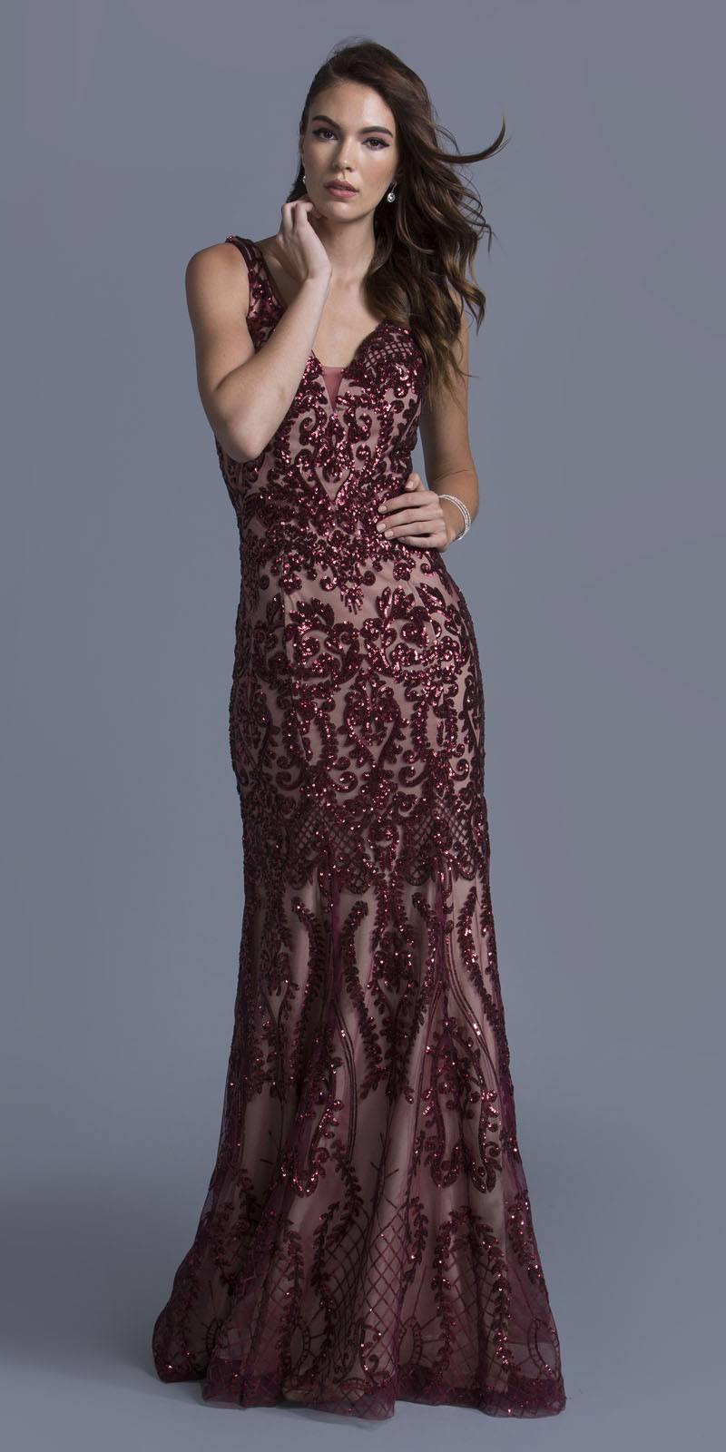 Aspeed USA L1984 Burgundy Sequins Floor Length Prom Dress V-Neck