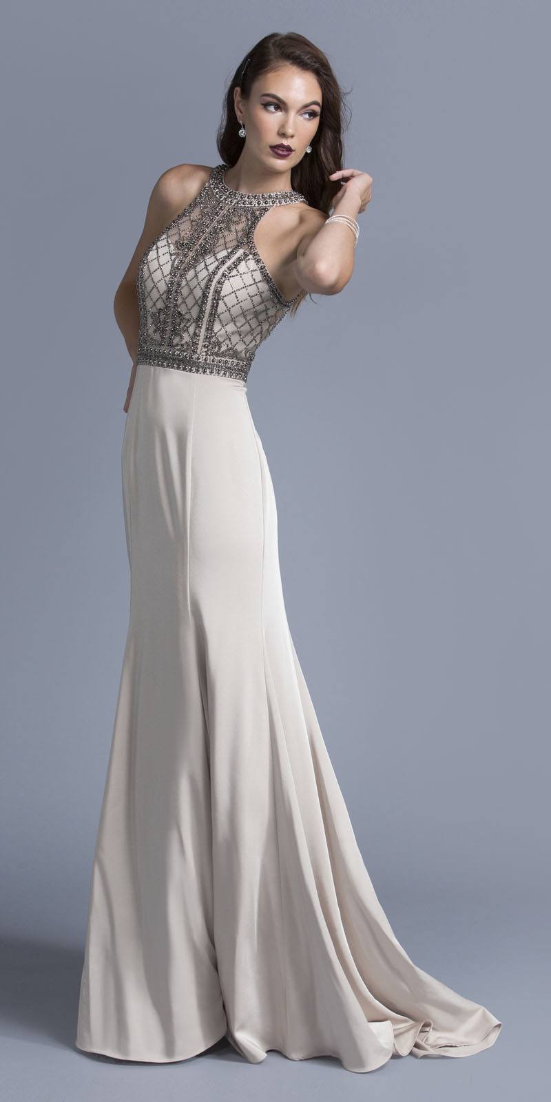Champagne Halter Beaded Long Prom Dress Cut Out Back