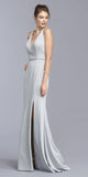 Silver V-Neck Long Prom Dress Strappy Back and Slit