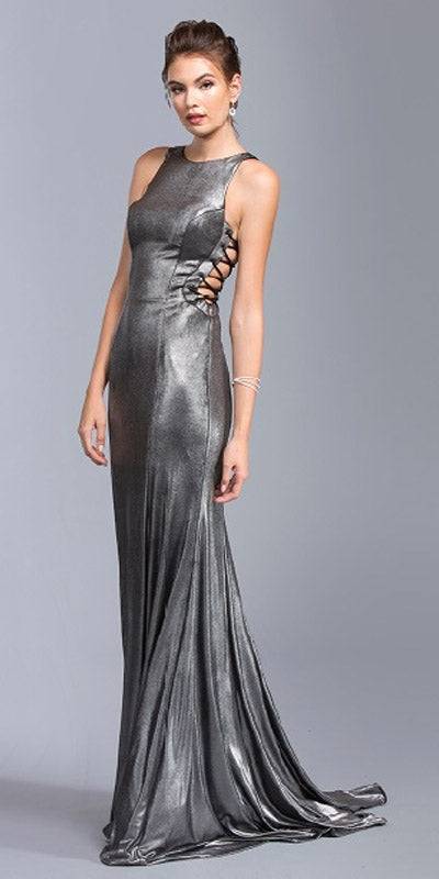 Sleeveless with Lace Up Side Gunmetal Evening Gown