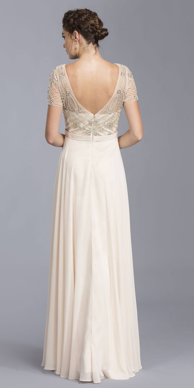 Illusion Short Sleeved Beaded Long Formal Dress Champagne