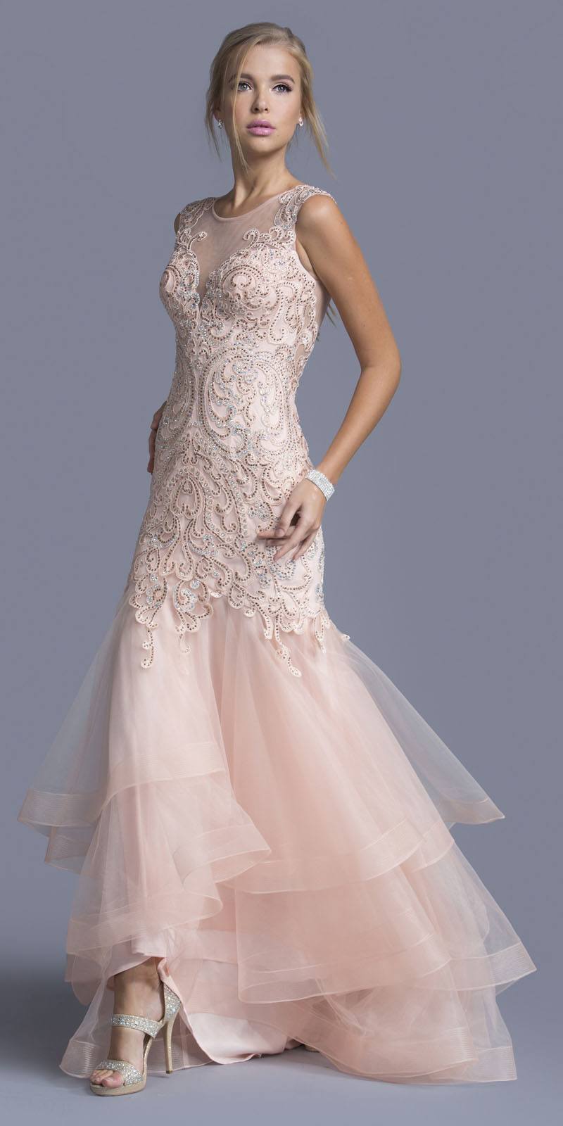 Blush Tiered Mermaid Prom Gown Appliqued Bodice