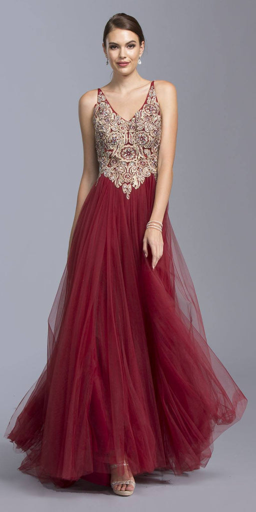 Aspeed USA L2013 Burgundy Appliqued A-line Prom Gown Sexy Open Back ...