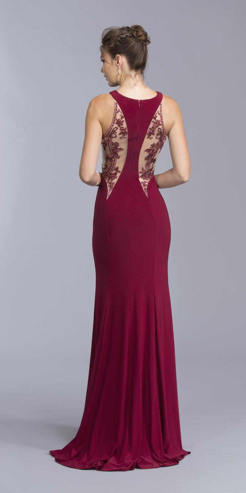 Burgundy Sleeveless Long Formal Dress with Beaded Sheer Cut-Out