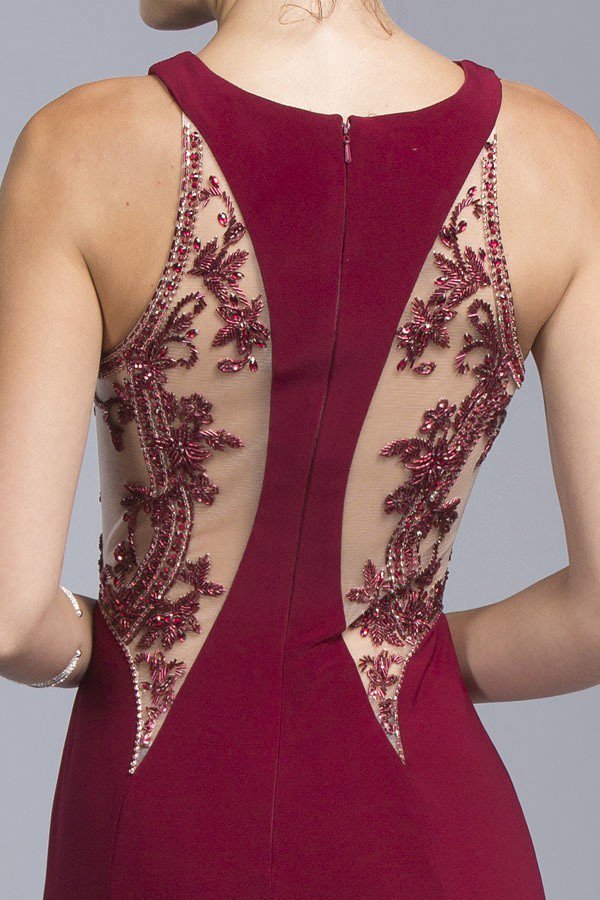 Burgundy Sleeveless Long Formal Dress with Beaded Sheer Cut-Out
