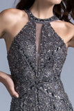 Halter Beaded Long Prom Dress Cut-Out Back Charcoal