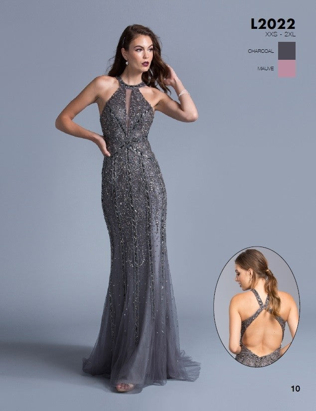 Halter Beaded Long Prom Dress Cut-Out Back Charcoal