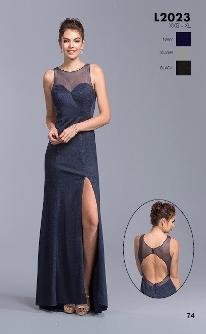 Aspeed L2023 Navy Blue Long Prom Dress Illusion Neckline Cut-Out Back with Slit