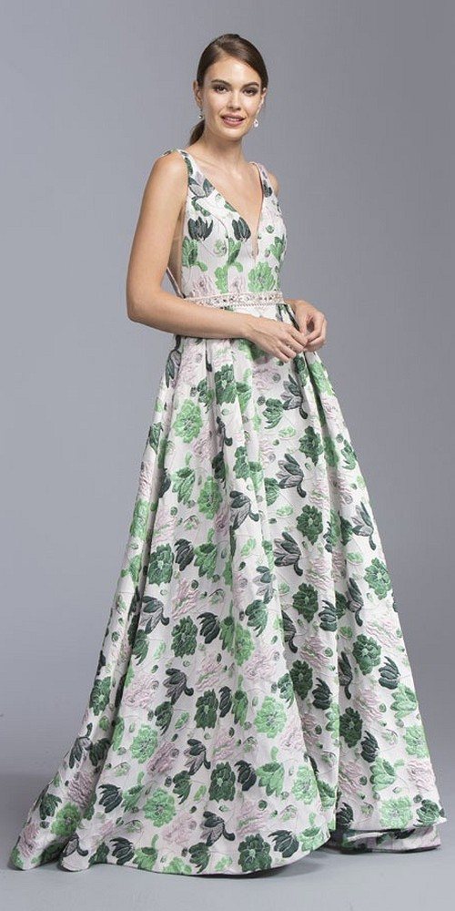 Aspeed USA L2024 Pink/Green Floral-Print Long Prom Dress V-Neck and Back 