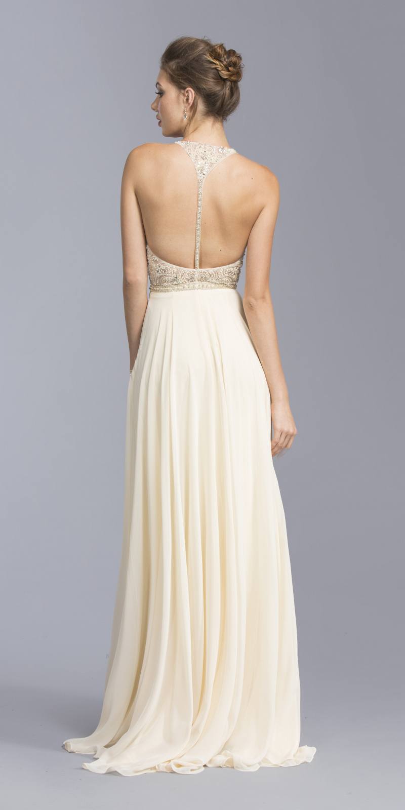 Champagne Beaded Illusion Bodice Long Formal Dress
