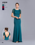 Aspeed L2030 Teal V-Back Long Formal Dress with Short Lace Sleeves