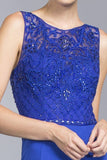 Cut-Out Back Long Formal Dress Appliqued Bodice Royal Blue