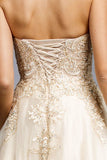 Champagne Strapless Long Prom Dress with Appliques