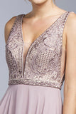 Mauve V-Neck and Back with Sheer Inset A-line Long Formal Dress