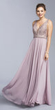 Mauve V-Neck and Back with Sheer Inset A-line Long Formal Dress