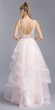 Champagne V-Neck Tiered Long Prom Dress with Appliques