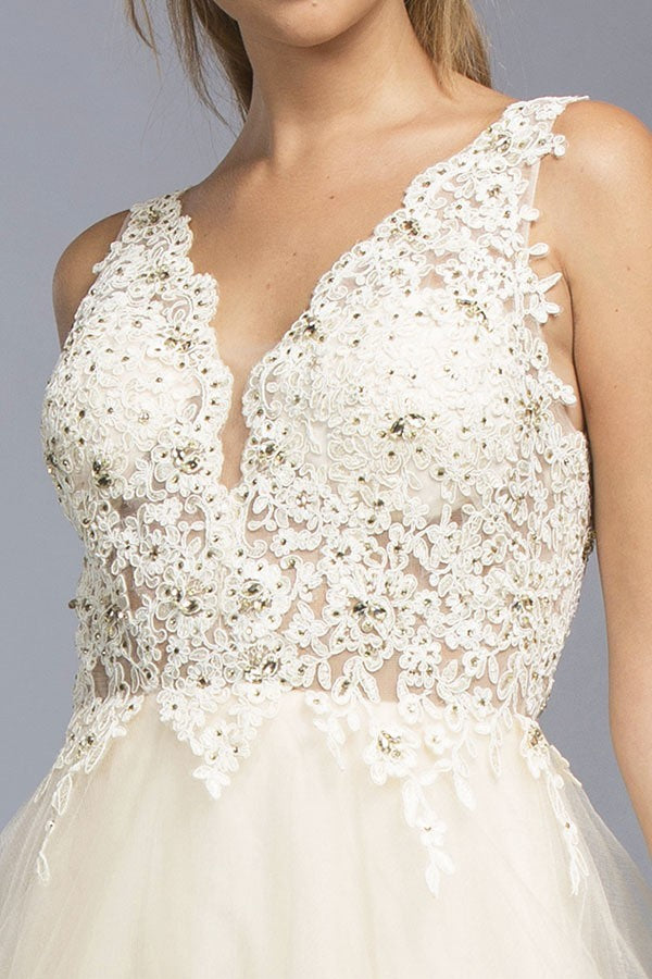 Champagne V-Neck Tiered Long Prom Dress with Appliques