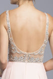 Blush Illusion Bodice Beaded Long Prom Dress V-Neck