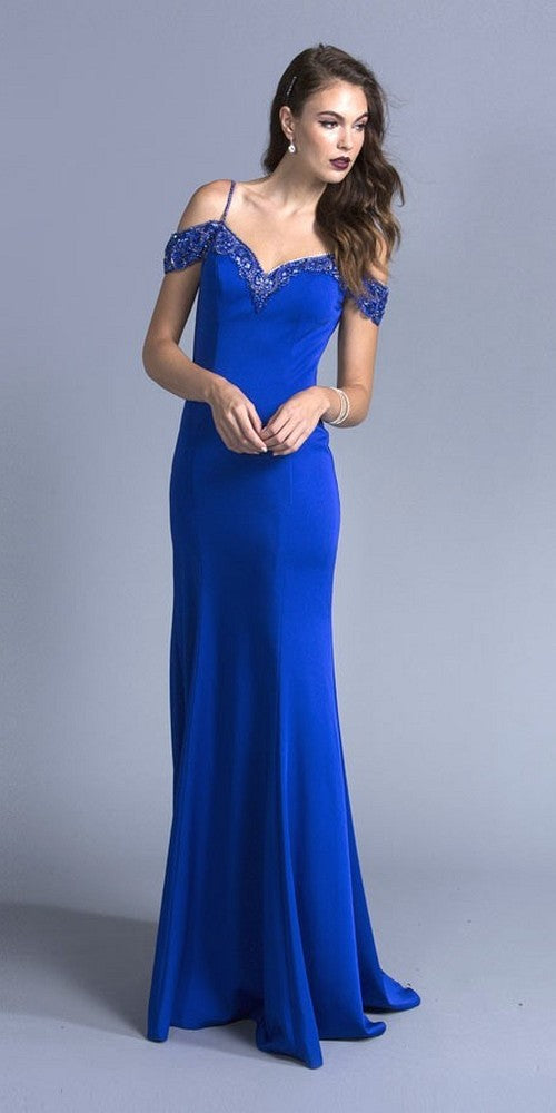 V-Neck Cold-Shoulder Long Prom Dress Royal Blue