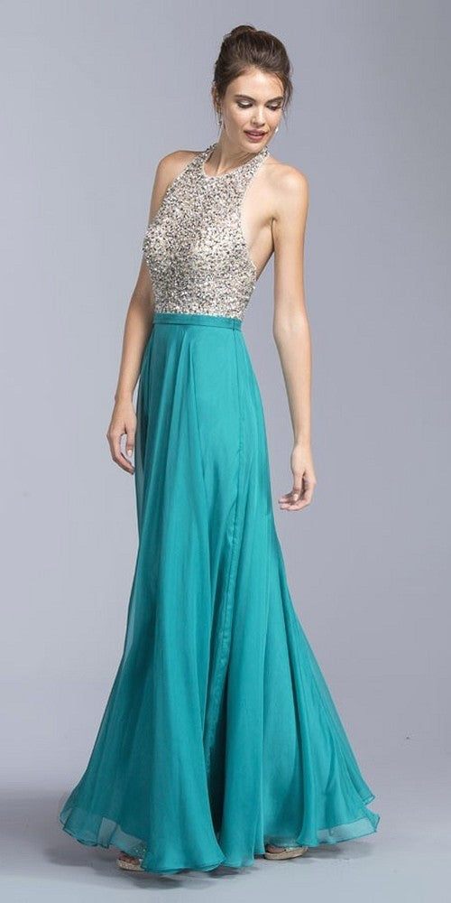 Teal A-line Long Formal Dress Halter Open-Back