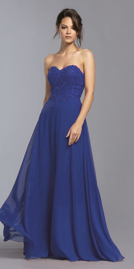 Royal Blue Strapless Appliqued Bodice Long Prom Dress