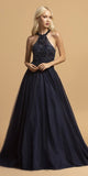Aspeed Design L2089 Navy Blue Halter Beaded Long Prom Dress Open Back