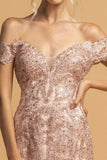 Blush Lace Applique Long Prom Dress Off-Shoulder
