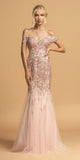 Blush Lace Applique Long Prom Dress Off-Shoulder