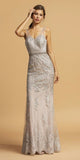 Illusion V-Neck Long Prom Dress with Appliques Silver