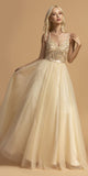 Aspeed Design L2097 Champagne Beaded Bodice Long Prom Dress V-Neck