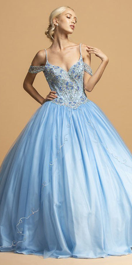 French Blue Cold-Shoulder Long Quinceanera Dress