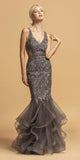 Tiered Mermaid Long Prom Dress Deep V-Neck Charcoal