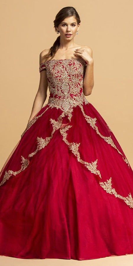 Burgundy Off-Shoulder Quinceanera Dress with Appliques
