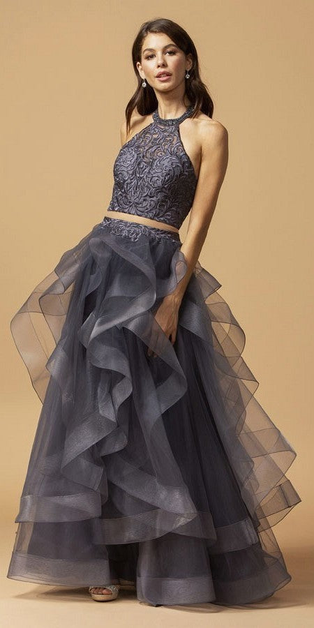 Aspeed Design L2145 Charcoal Tiered Mock Two-Piece Long Prom Dress